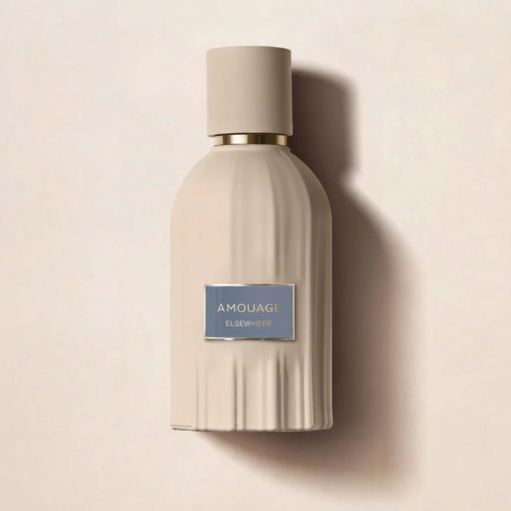 Beige perfume bottle with a blue label on a beige background