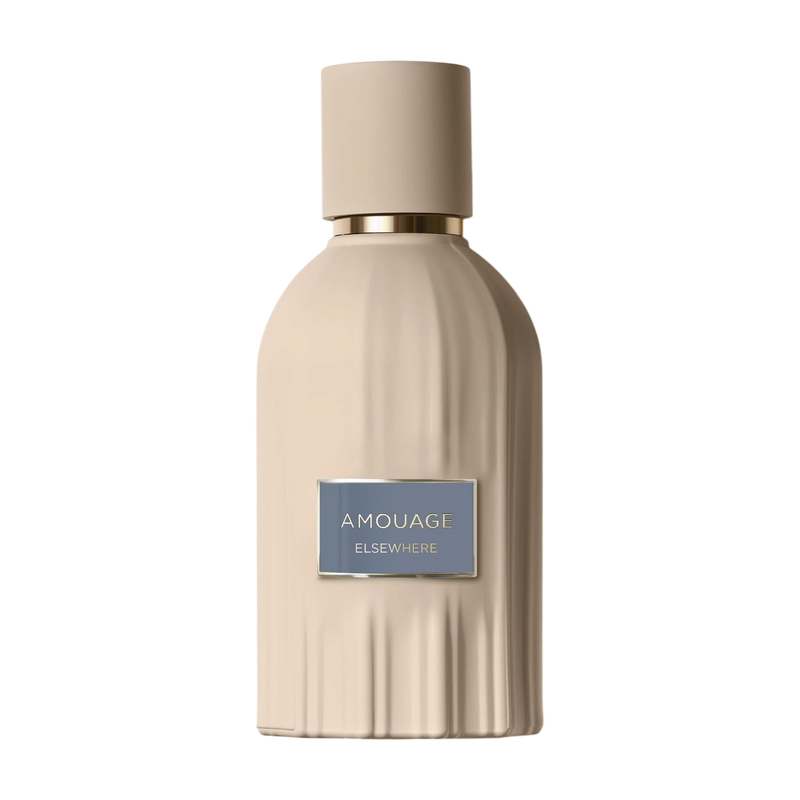 Beige perfume bottle with a blue label on a beige background