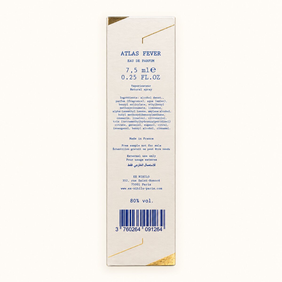EX NIHILO Atlas Fever original 7.5 mL spray box, photographed back panel