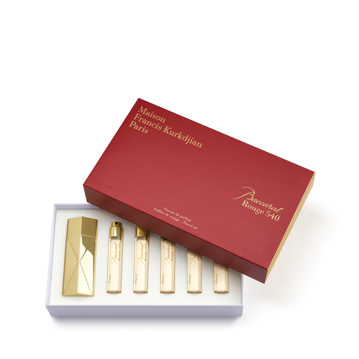 Baccarat Rouge 540 Extrait travel set: five 11 mL refills, gold Globe Trotter and red box