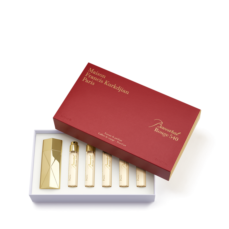 Baccarat Rouge 540 Extrait travel set: five 11 mL refills, gold Globe Trotter and red box