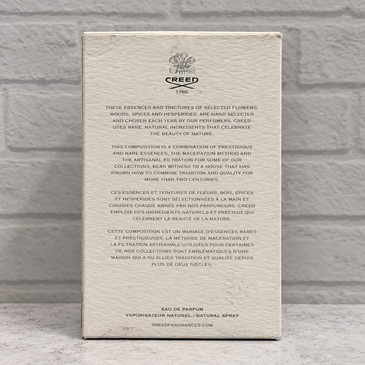 Creed Love in Black 75 mL original box back view, showing actual packaging condition