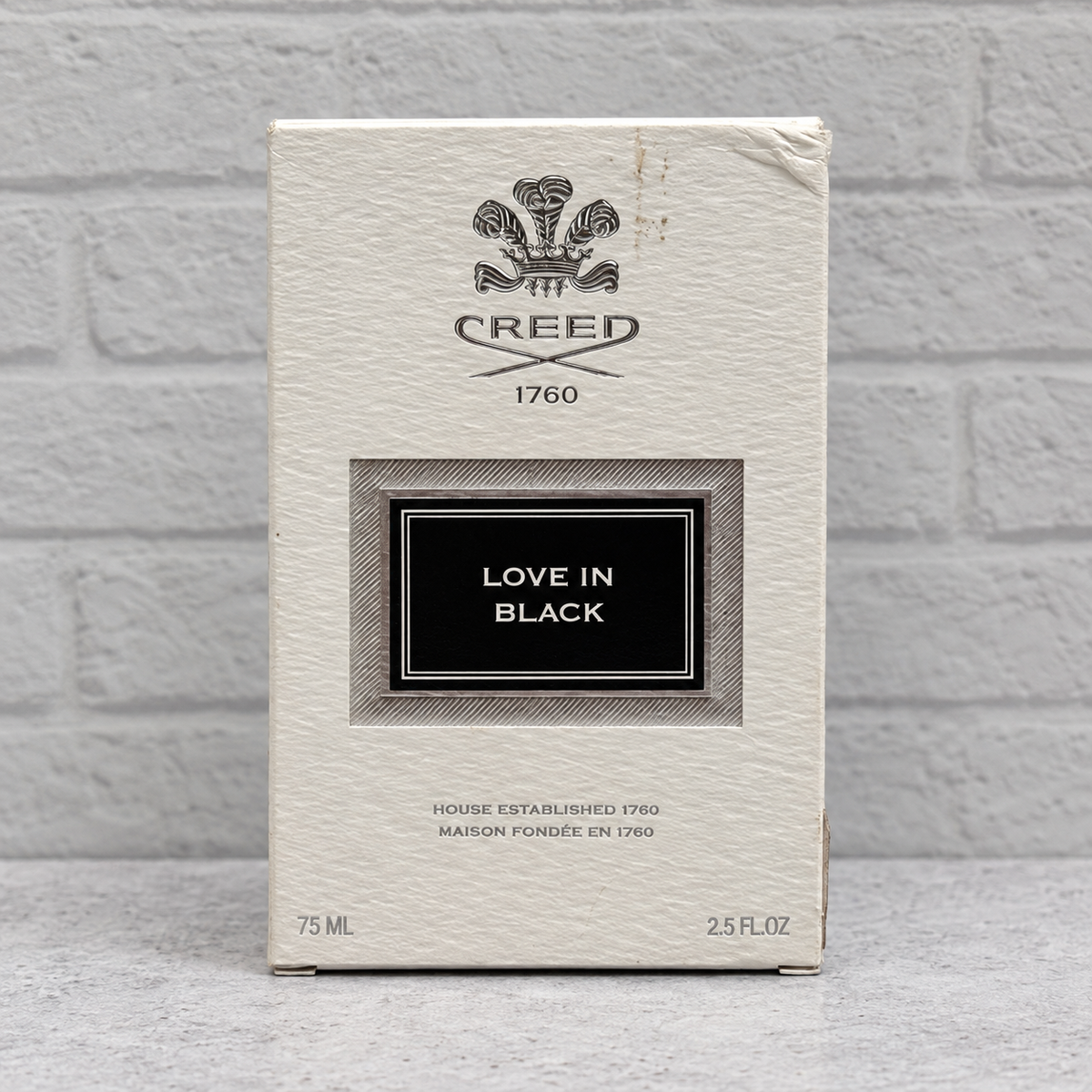 Creed Love in Black 75 mL original box front view, showing actual packaging condition