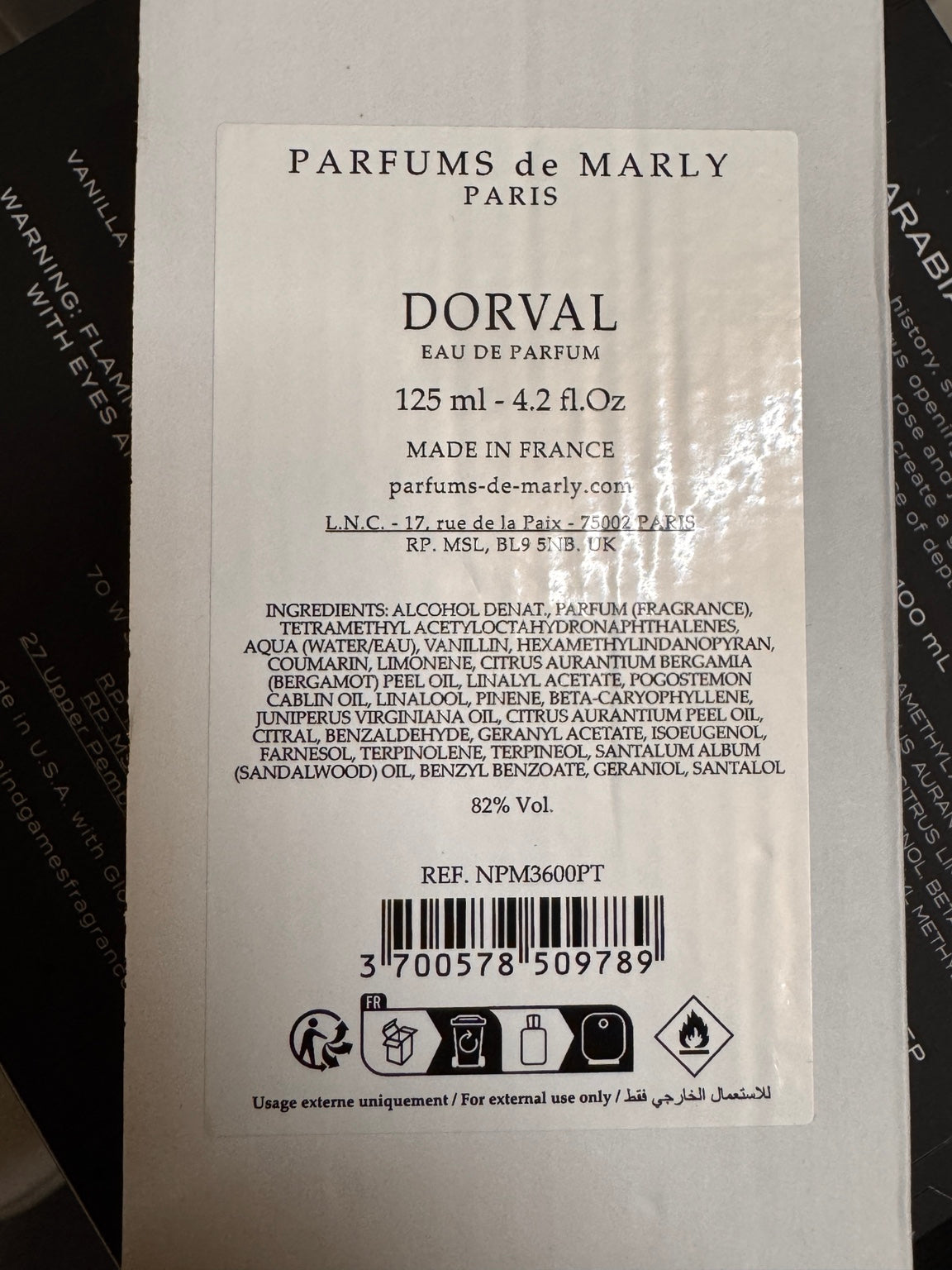 Parfums de Marly Dorval 125 mL source box label