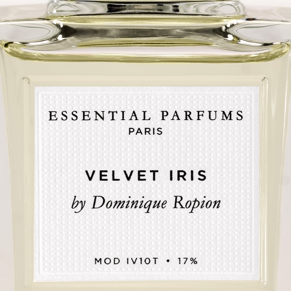 Essential Parfums velvet iris — official bottle reference label detail; tester cap and packaging may differ