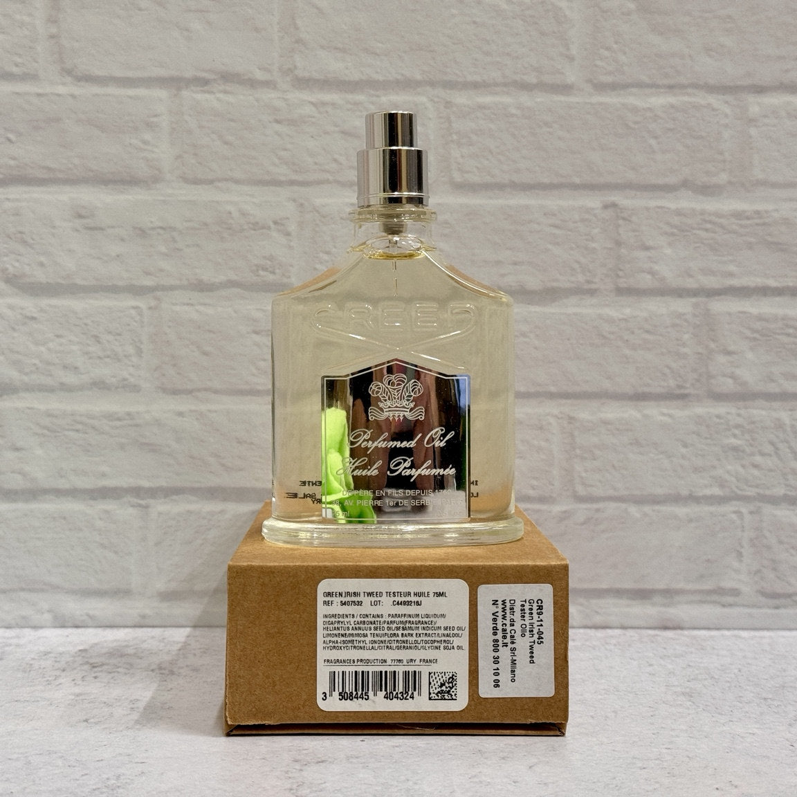 Creed Green Irish Tweed Perfumed Oil 75 mL — no-cap tester with labeled cardboard box