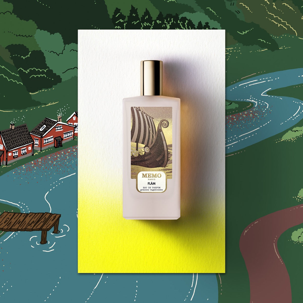 Memo Paris Flåm Eau de Parfum bottle with Norwegian fjord illustration — official brand image