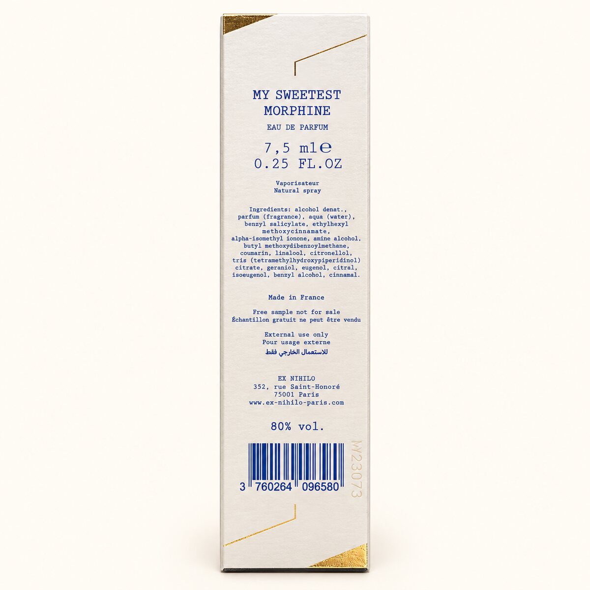 EX NIHILO My Sweetest Morphine original 7.5 mL spray box, photographed back panel