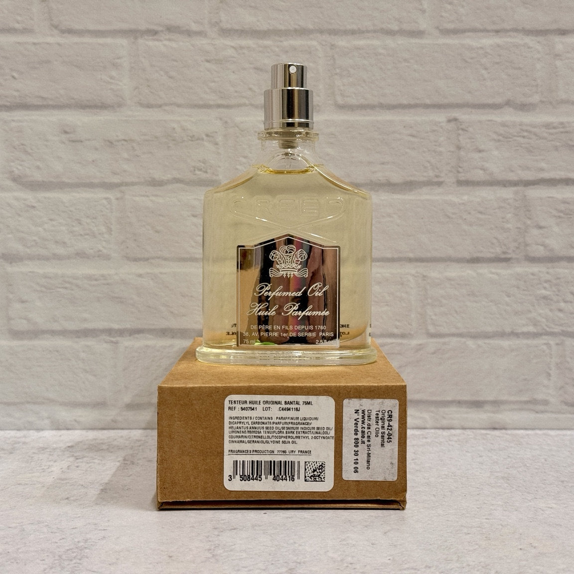 Creed Original Santal Perfumed Oil 75 mL — no-cap tester with labeled cardboard box