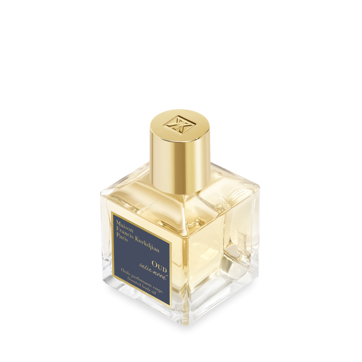 OUD satin mood scented body oil 70 mL bottle, angled manufacturer reference; supplied in tester box