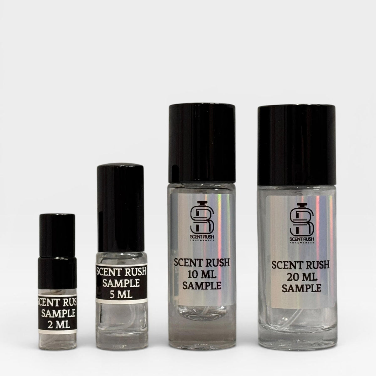Scent Rush sample atomizers in 2 5 10 and 20 mL sizes