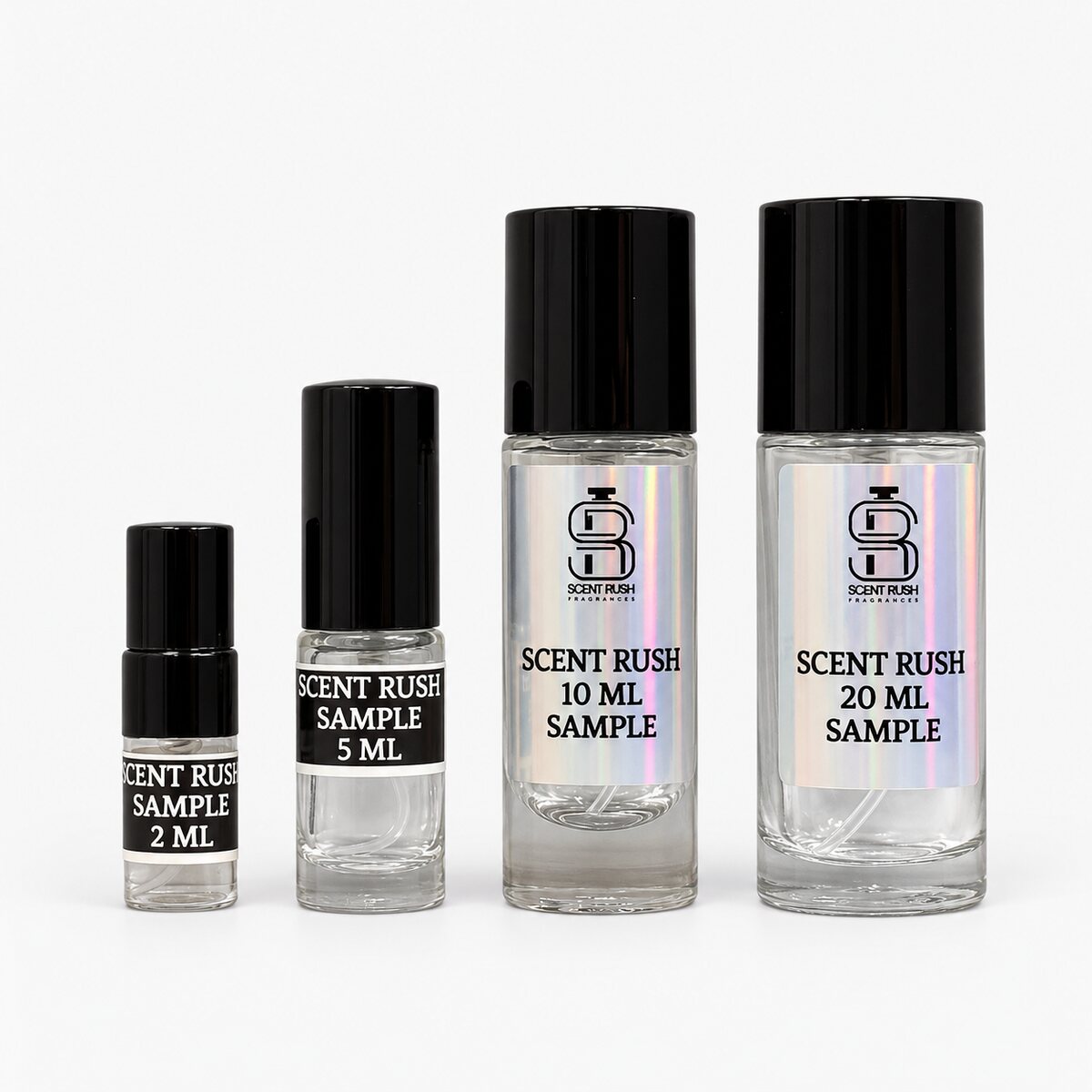 Scent Rush 2 mL, 5 mL, 10 mL and 20 mL atomizer size illustration