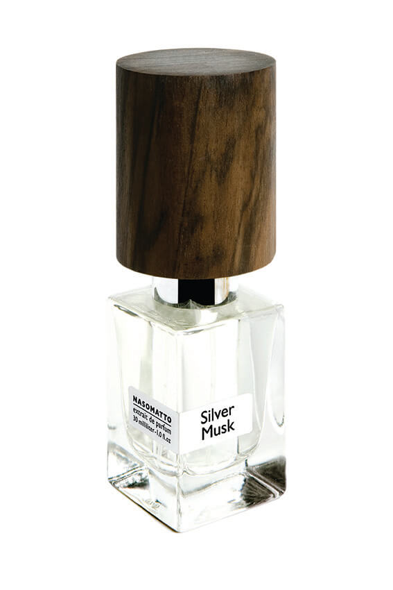 Nasomatto Silver Musk fragrance bottle on a white background. Product offered as a 30 mL tester.