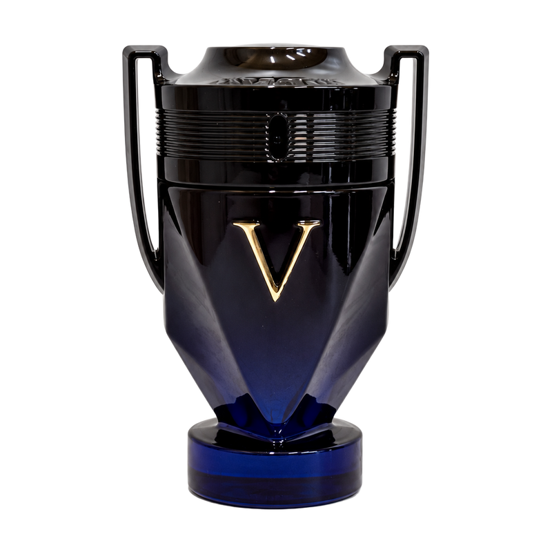 Invictus Victory Elixir by Rabanne black and blue trophy-shaped fragrance bottle