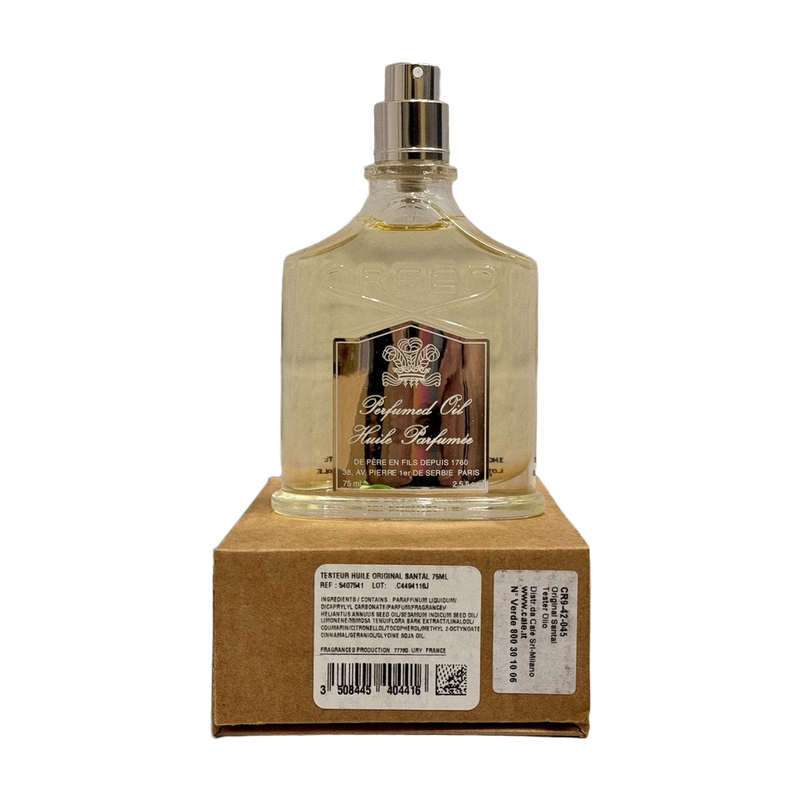 Creed Original Santal Perfumed Oil 75 mL — no-cap tester with labeled cardboard box