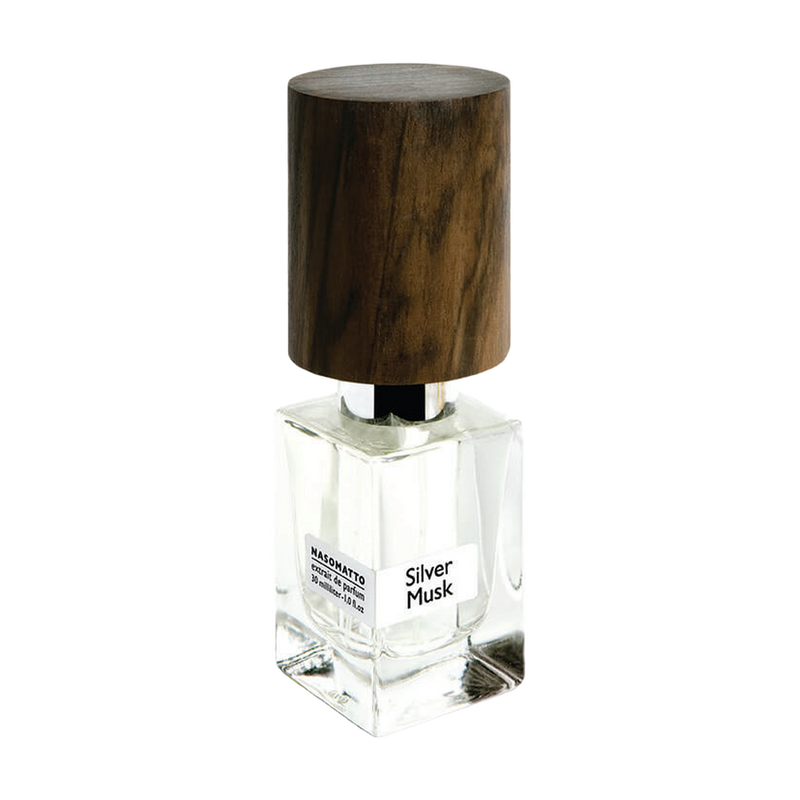 Nasomatto Silver Musk fragrance bottle on a white background. Product offered as a 30 mL tester.