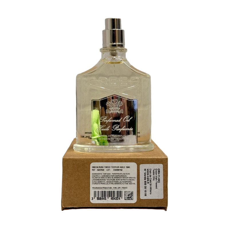 Creed Green Irish Tweed Perfumed Oil 75 mL — no-cap tester with labeled cardboard box