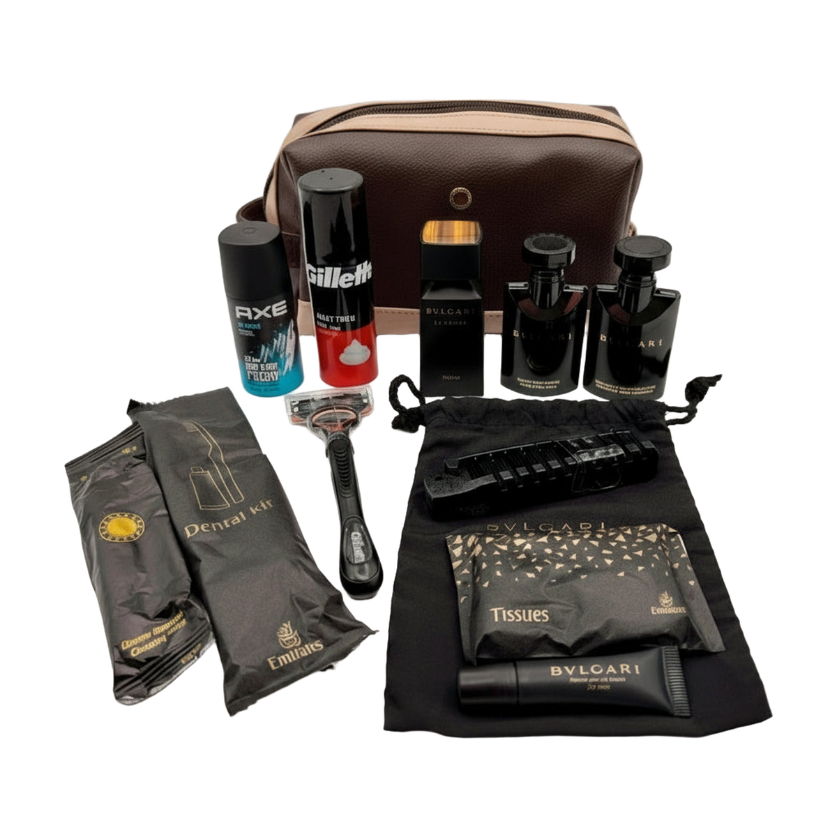 Grooming kit with various items including a bag, bottles, and a razor on a white background