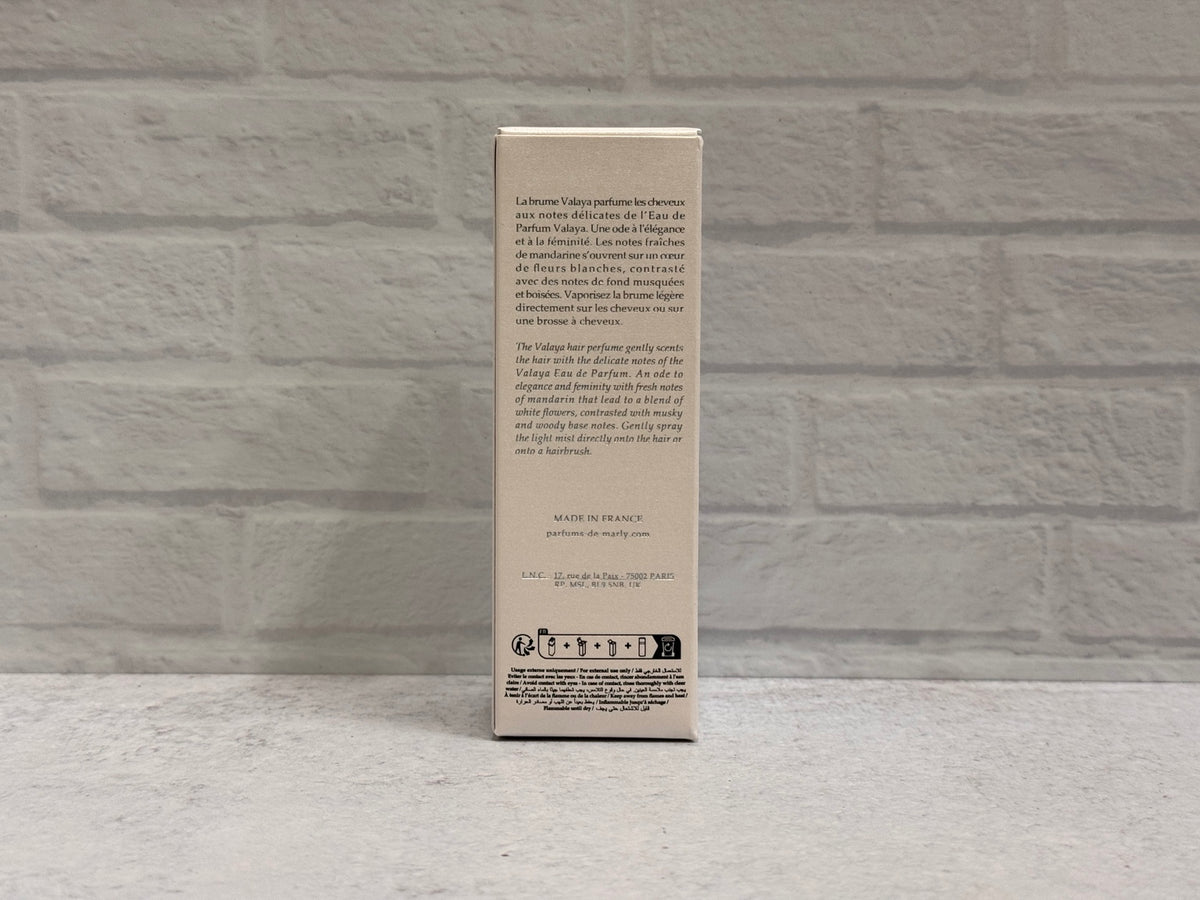 Parfums de Marly Valaya Hair Perfume 75 mL box back and usage instructions